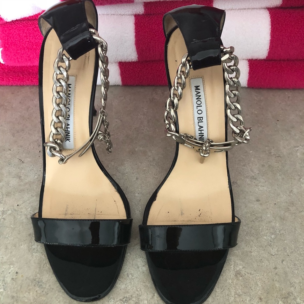 Manolo Blahnik Black Ankle Chain Heels Size 7